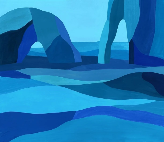 Blue gouache painting of coastal rock arches and ocean waves in shades of cobalt and azure by Noemie Cedille
