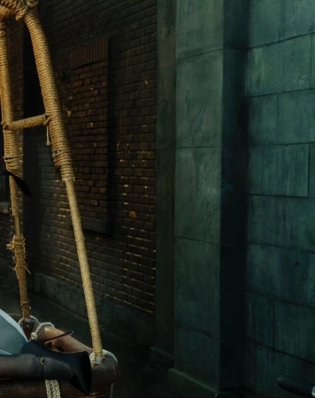 Close-up of weathered brick and stone wall in alley with rope and wooden support. Dark, moody color palette, and slightly blurred.