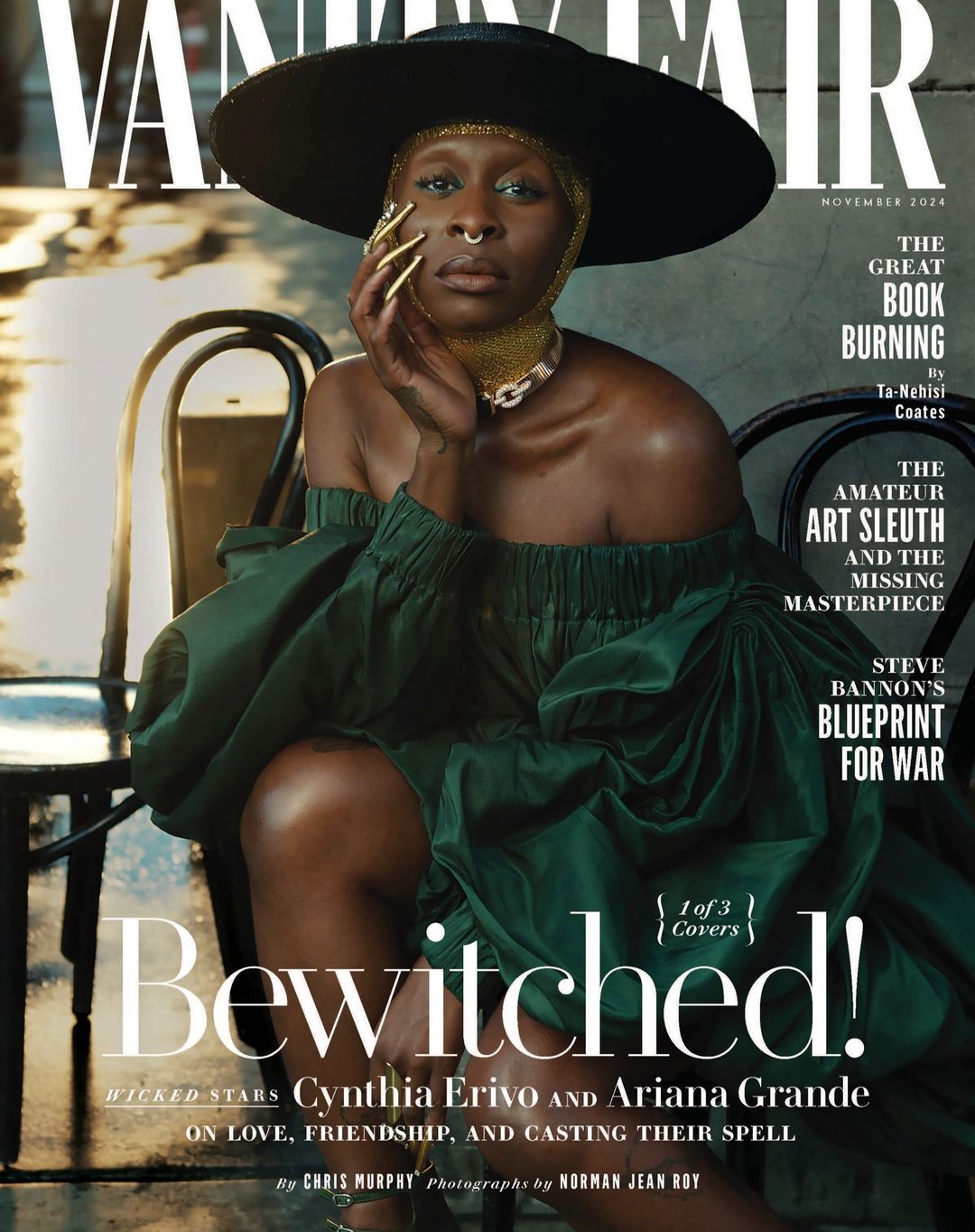 Magazine cover featuring Cynthia Erivo wearing a large hat and green dress while seated on a chair, with magazine text overlayed.