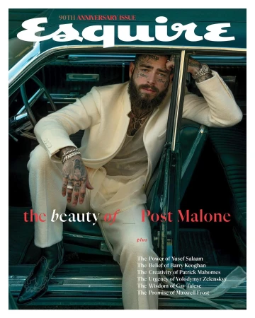 Esquire magazine cover featuring Post Malone in cream suit sitting in green car. Tattoos, jewelry visible, cover text reads: 'the beauty of Post Malone'.