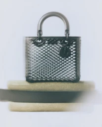 Black mesh handbag resting on stacked neutral surfaces against a soft light background