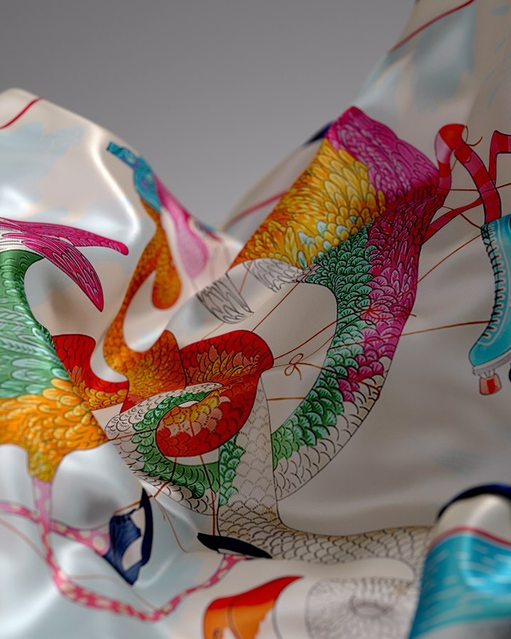 Silky scarf with colorful bird and roller skate illustrations, a vibrant fabric for fashion and design projects.