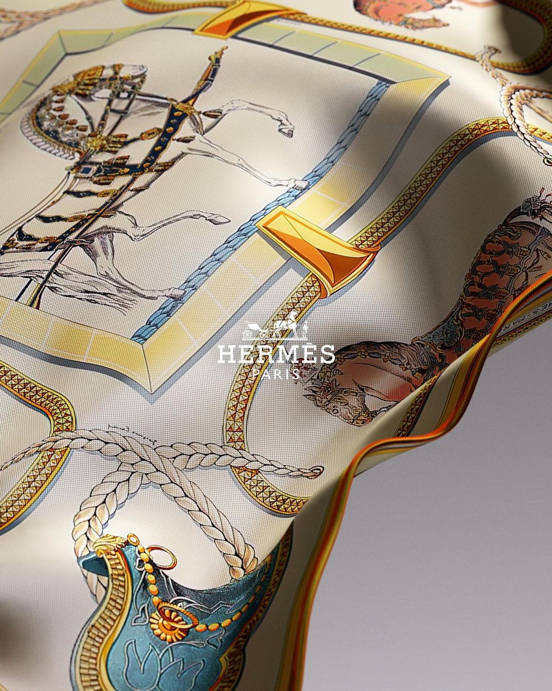 Elegant silk scarf with horse and equestrian-themed designs, featuring detailed bridle illustrations and rope patterns, luxury fashion accessory.