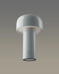 Glossy white mushroom lamp with a cylindrical base floating against a neutral gradient background
