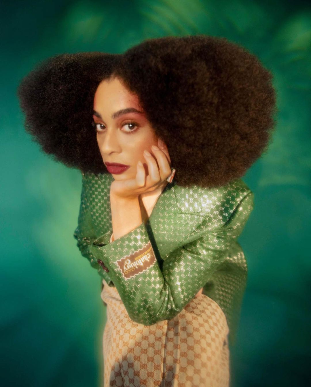Portrait of a woman with an afro hairstyle, wearing a green blazer and a patterned outfit, against a green mottled background.