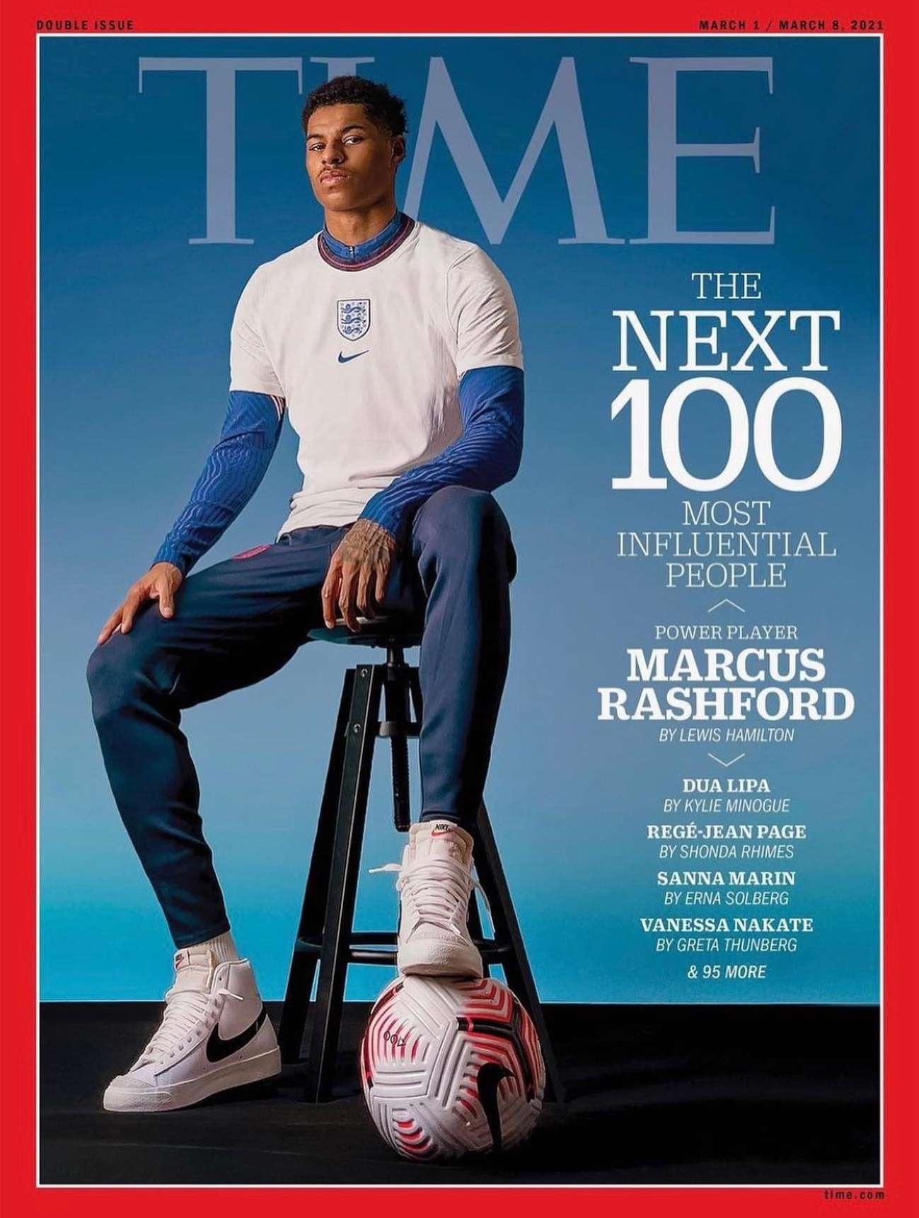 Time magazine cover featuring Marcus Rashford sitting on a stool with a soccer ball, wearing a white jersey, dark pants, and sneakers.