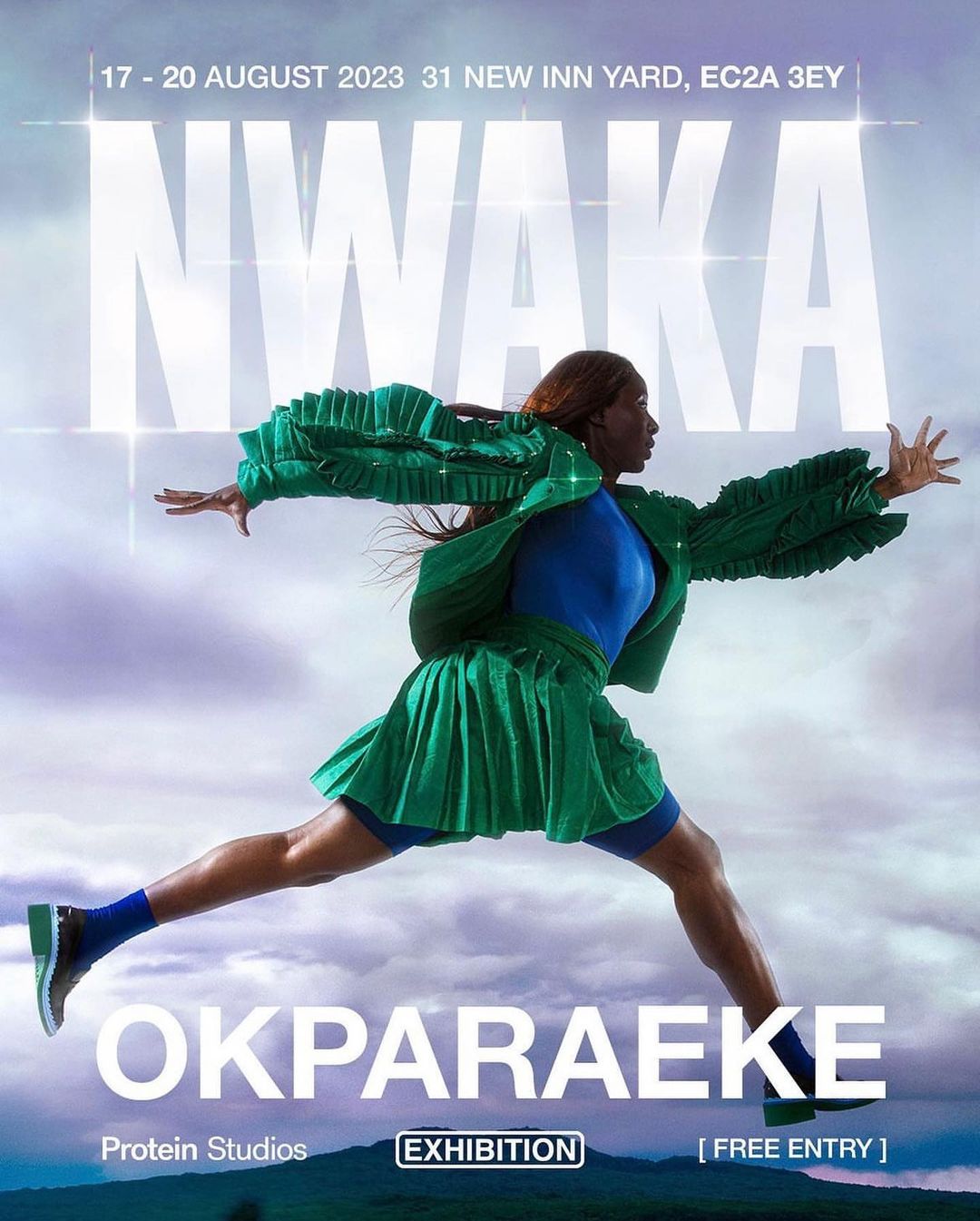 Fashion poster featuring a woman in a green outfit mid-jump, set against a cloudy sky, promoting an exhibition at Protein Studios.