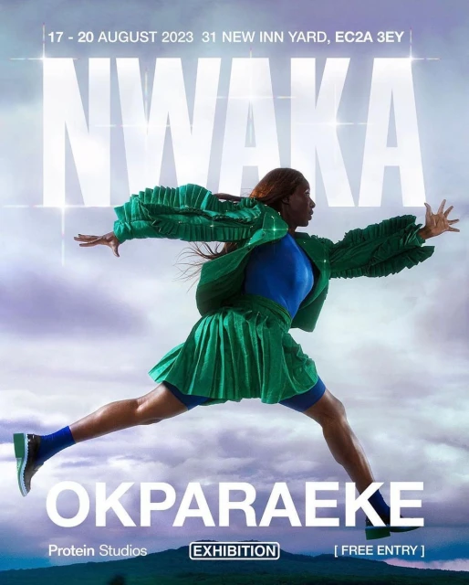Fashion poster featuring a woman in a green outfit mid-jump, set against a cloudy sky, promoting an exhibition at Protein Studios.
