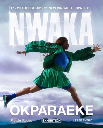 Fashion poster featuring a woman in a green outfit mid-jump, set against a cloudy sky, promoting an exhibition at Protein Studios.