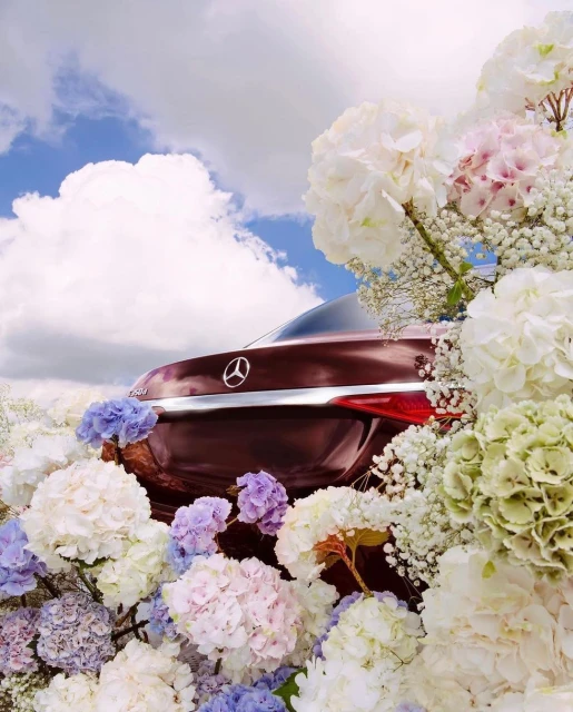 Rear view of a burgundy car surrounded by white, pink, and purple hydrangeas against a cloudy blue sky, creating a vibrant floral automotive scene.