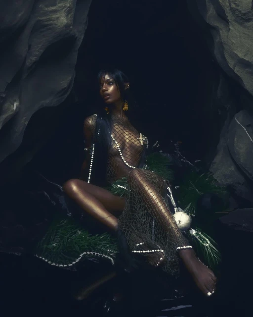 Woman in a cave adorned with fishnetting and pearls, seated among lush foliage, with the entrance of the cave behind her, a dark and moody scene.