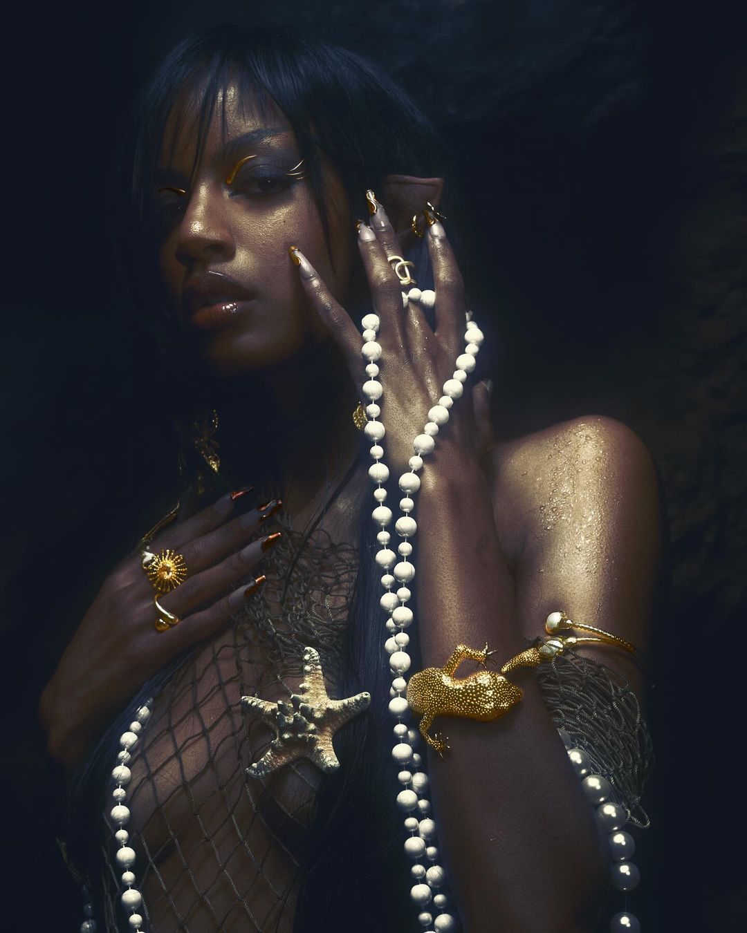 Elegant portrait of a black woman with long hair wearing fashion jewelry and draped in a mesh net. Gold and pearl color scheme.