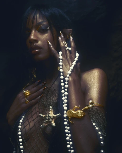 Elegant portrait of a black woman with long hair wearing fashion jewelry and draped in a mesh net. Gold and pearl color scheme.