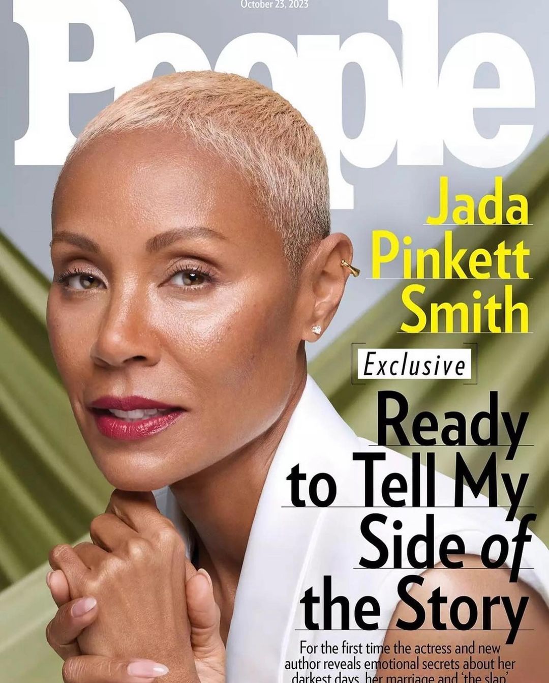 Close-up magazine cover featuring Jada Pinkett Smith, with short blonde hair, in a light jacket, with People magazine logo at the top.