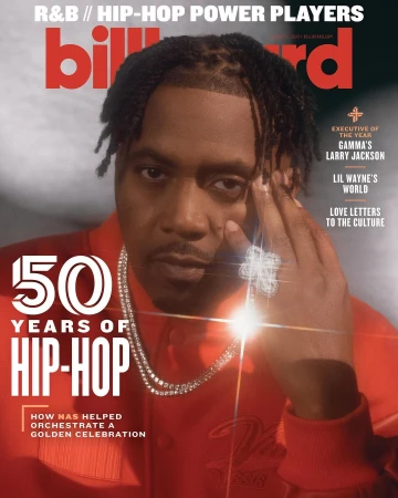 Billboard magazine cover featuring a portrait of a Black male musician wearing a red jacket and jewelry, commemorating 50 years of hip-hop.