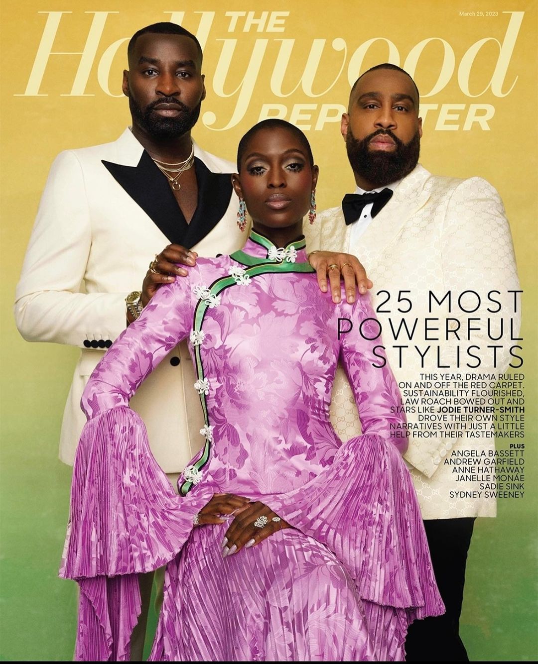 Magazine cover featuring three stylists in formal attire against a soft yellow backdrop, showcasing their fashion sense and professional prominence.