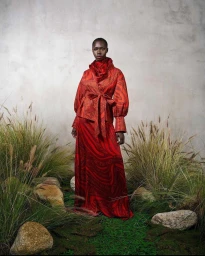 Model wearing a vibrant red patterned silk dress standing amidst tall grass and rocks against a mottled grey concrete wall.