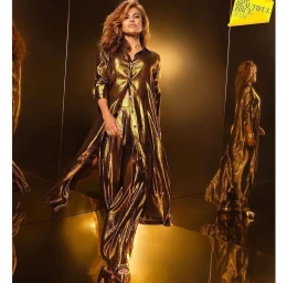 Woman wearing a metallic gold button-down shirt and trousers posing in front of polished golden reflective panels.