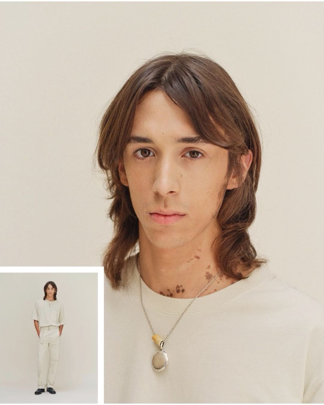 Portrait of a young adult male in a cream-colored T-shirt and silver necklace. Image includes a smaller version on the side.