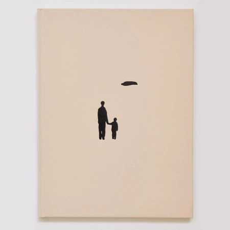 Artistic depiction of an adult and child holding hands on a canvas, set against a minimalistic, light-colored background with a dark abstract shape.