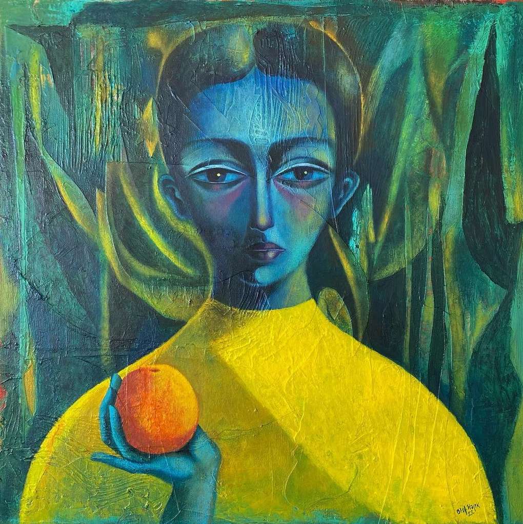 An illustration features a person with blue skin and a yellow shirt, holding an orange against a patterned, green background.