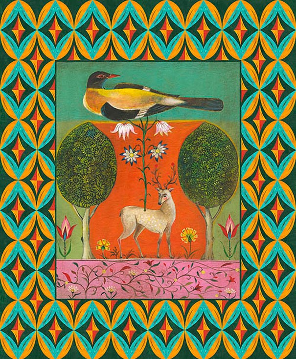Whimsical illustration of a yellow bird perched above a white-tailed deer amid trees and flowers, framed by geometric pattern. Art print.