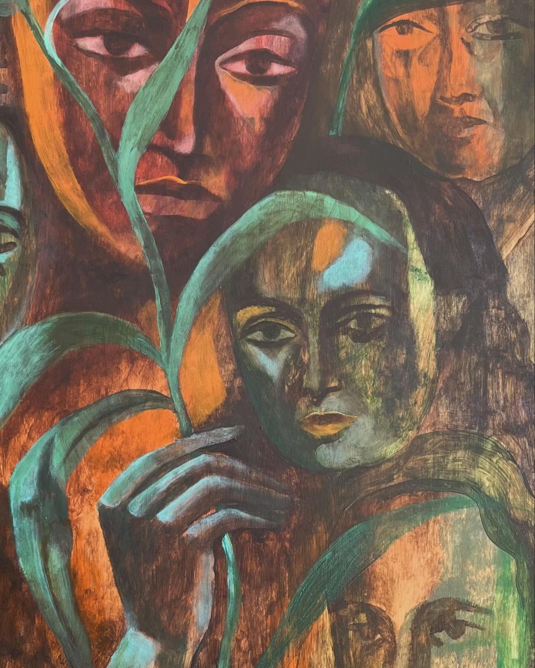 Artwork of a group of people interspersed with green plants, rendered in warm hues, showing detailed brushstrokes and textural depth.