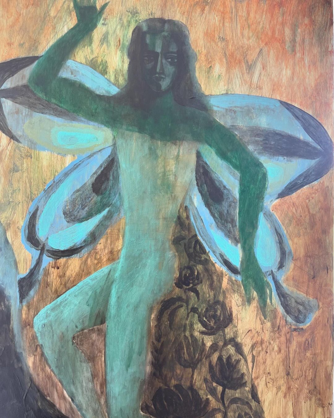 Painting of a full-length figure with blue wings in mid-motion against a textured ochre and black ground with a painted rose design.