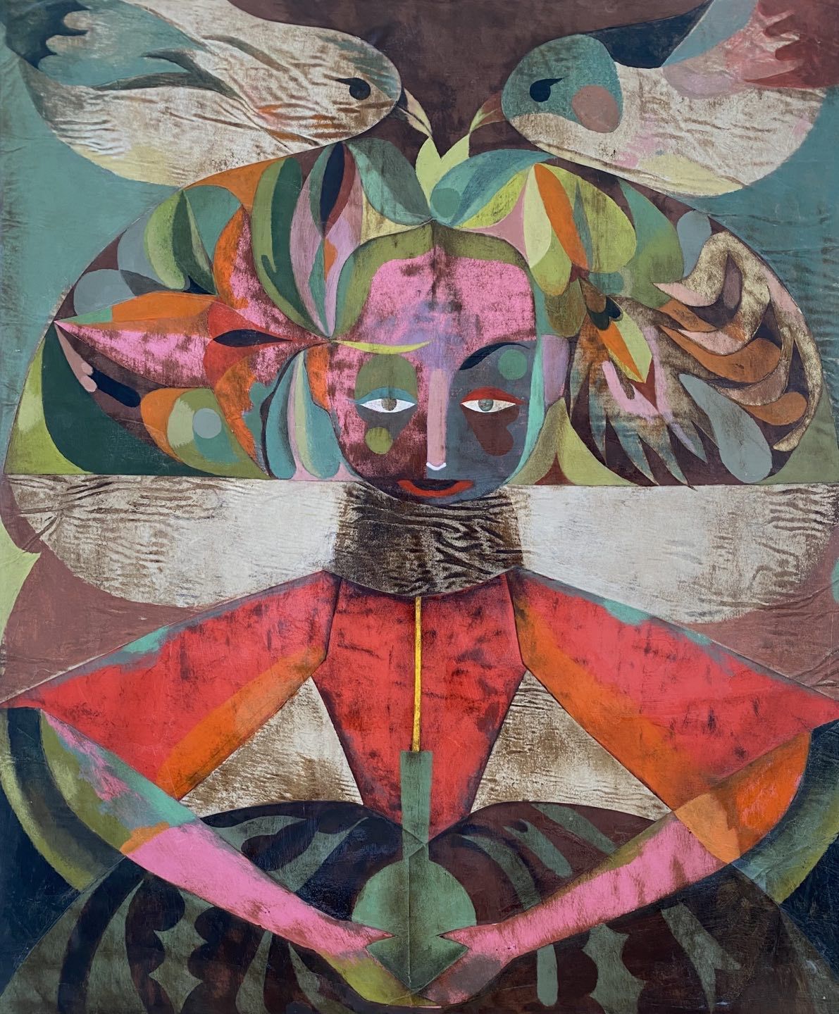 Abstract art painting features a stylized figure in red and green, with colorful shapes, birds, and geometric patterns on a textured background.