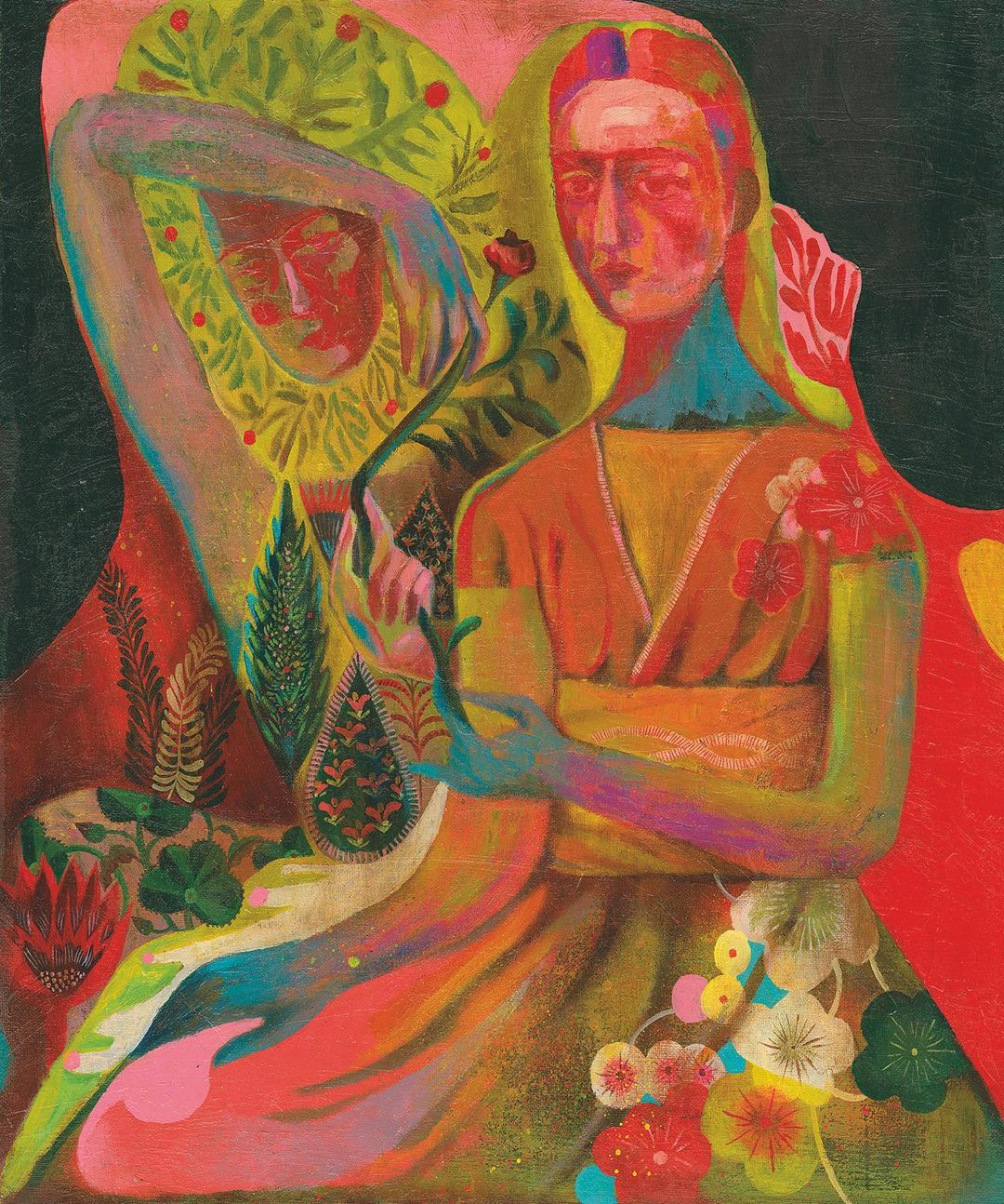 Vibrant painting features two women amid lush botanical elements and floral patterns in an abstract, colourful fine art composition.