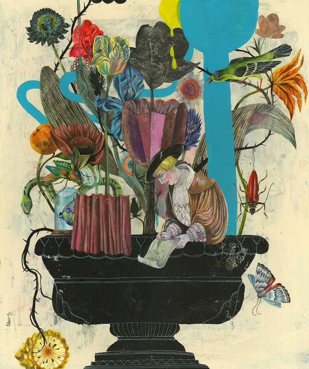 Whimsical collage art featuring a figure in historical attire reading in a black urn filled with colorful flowers, insects, and botanical elements.