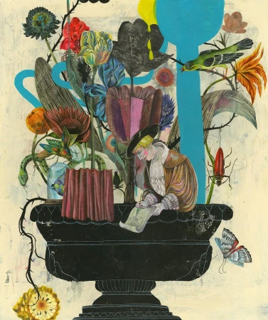 Whimsical collage art featuring a figure in historical attire reading in a black urn filled with colorful flowers, insects, and botanical elements.