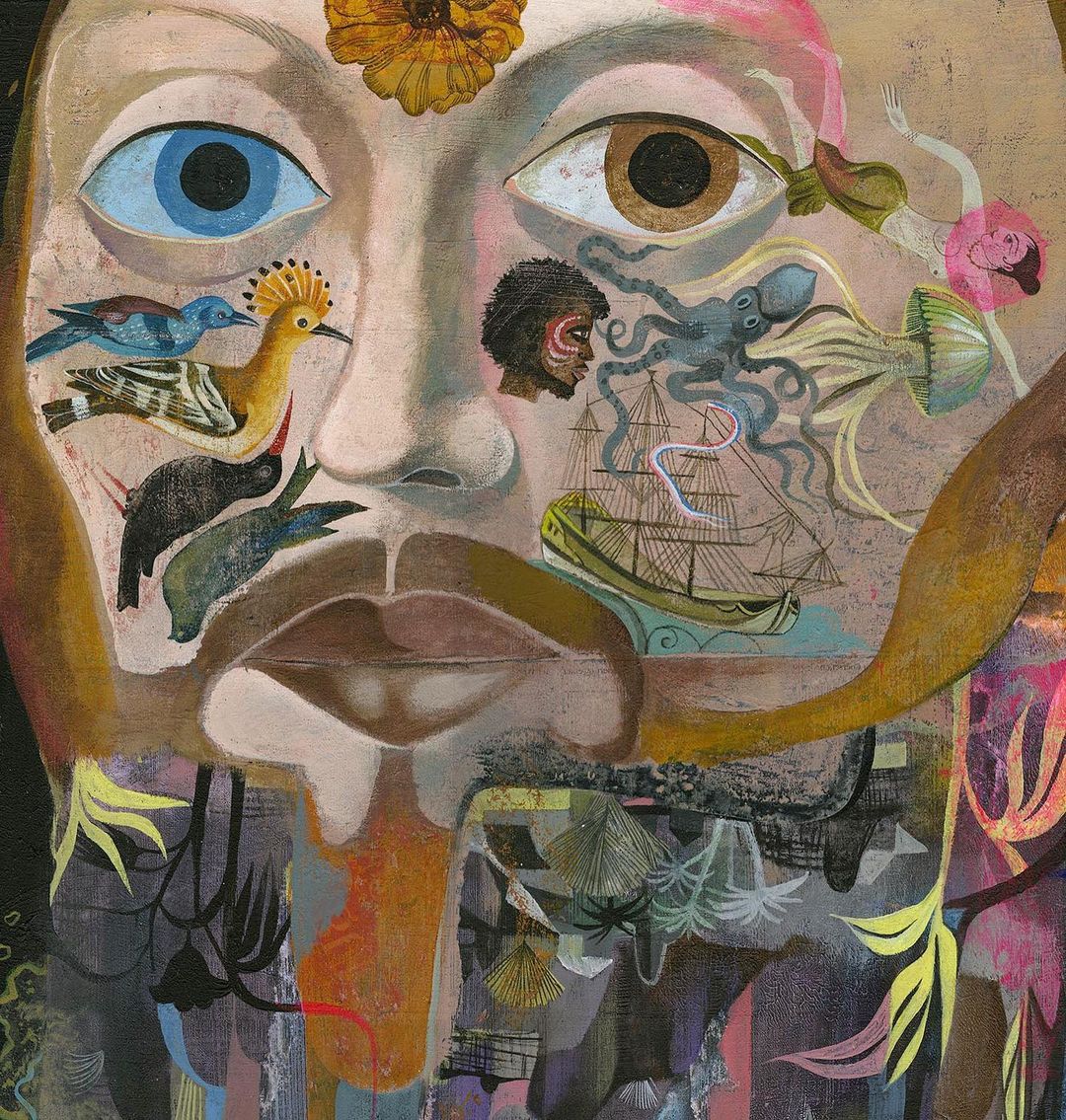 Abstract painting of a human face with surreal elements like birds, ships, octopi, and plants, set against a neutral-toned background.