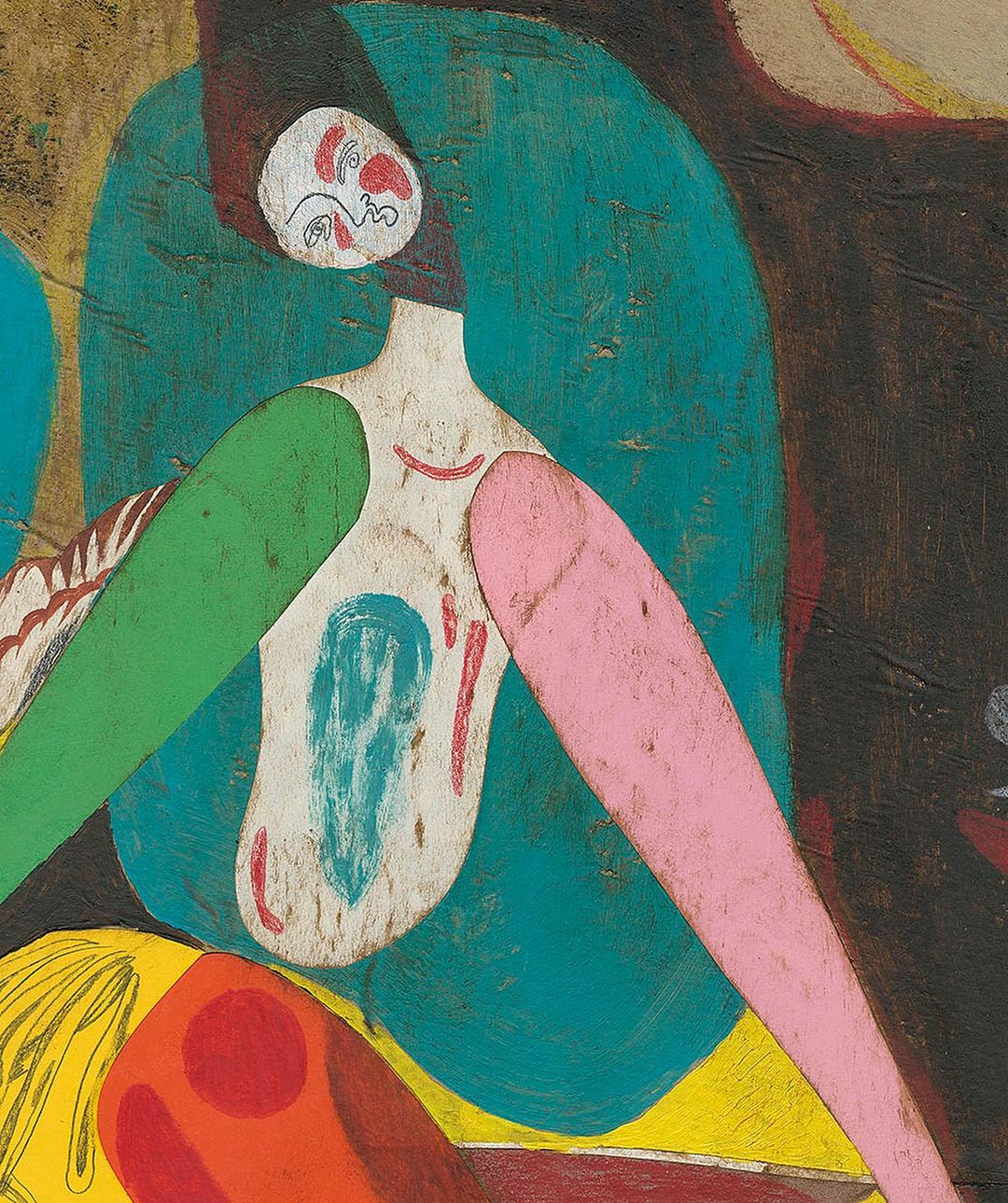 Abstract painting of a figure with colorful patchwork-like body parts against a dark, textured background. Art style is expressive and modern.
