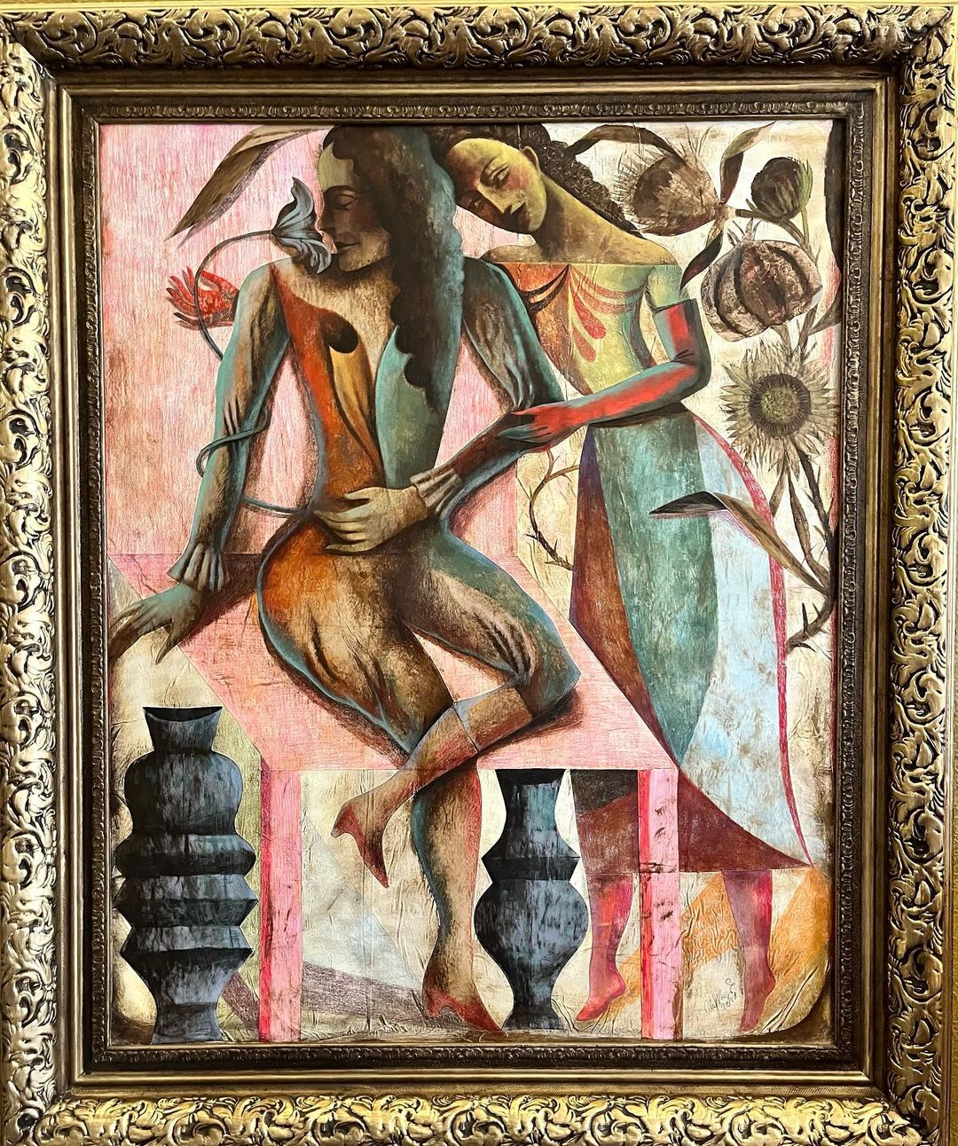 Painting featuring two figures in stylized costumes, with floral and vase motifs in a framed setting, exhibiting fine art techniques.