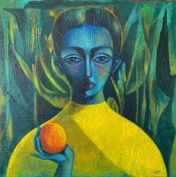 An illustrated portrait of a figure with blue skin holding an orange fruit against a textured green background by illustrator Olaf Hajek