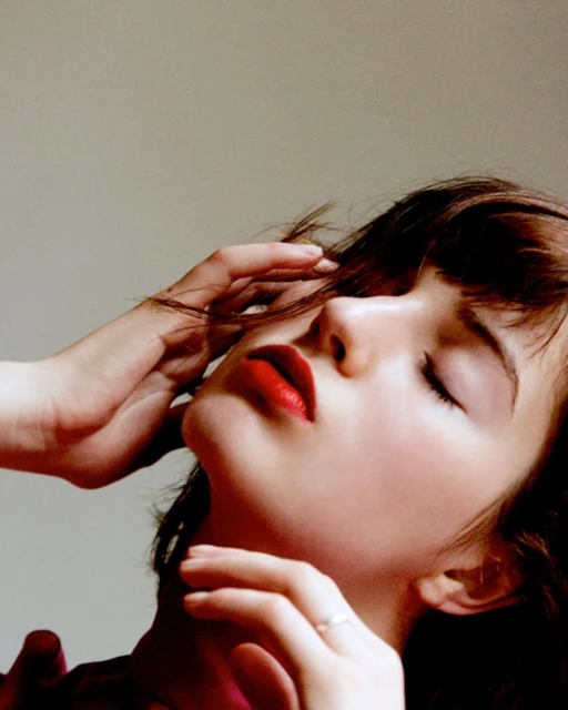Portrait of an adult woman with red lipstick and closed eyes, hands near her face in soft lighting, against a neutral backdrop.