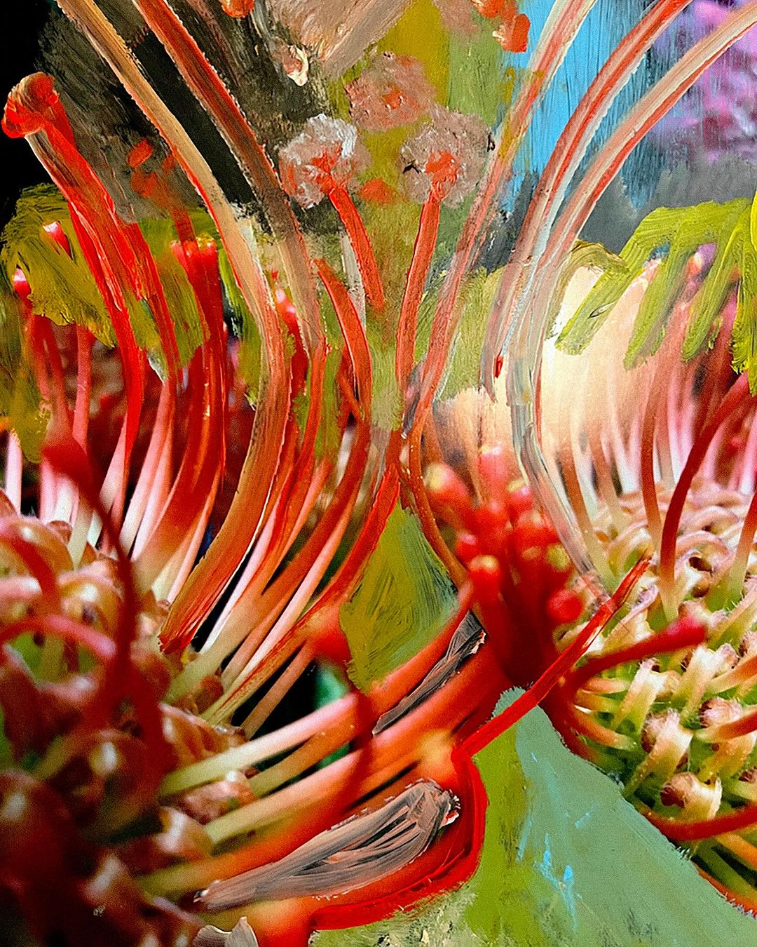 Abstract floral art featuring spiky red and green botanical elements against a blurred background with a hint of blue sky.