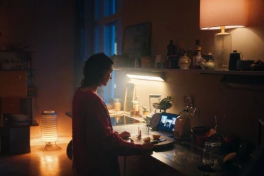 Woman in a red sweater standing in a dimly lit domestic kitchen preparing food by a counter.