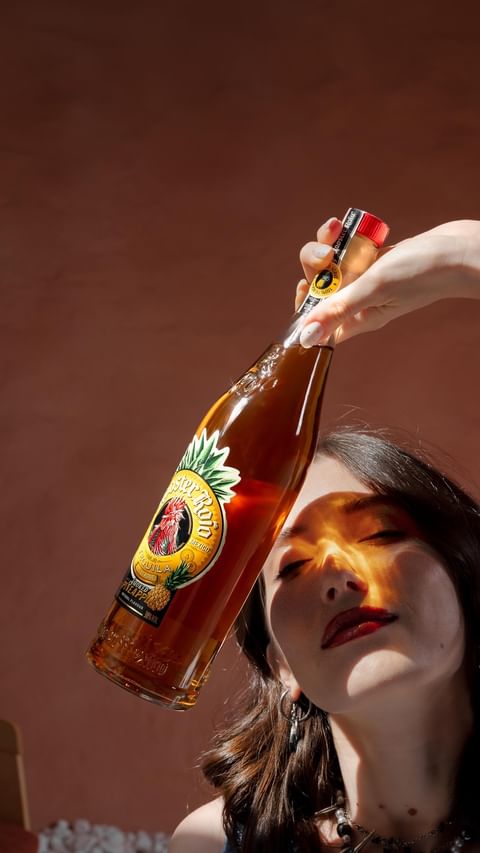 Model holds a bottle of Don Q Gran Reserva Añejo Rum against a red background, showcasing the brand's visual presentation and styling.