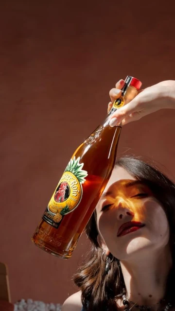 Model holds a bottle of Don Q Gran Reserva Añejo Rum against a red background, showcasing the brand's visual presentation and styling.