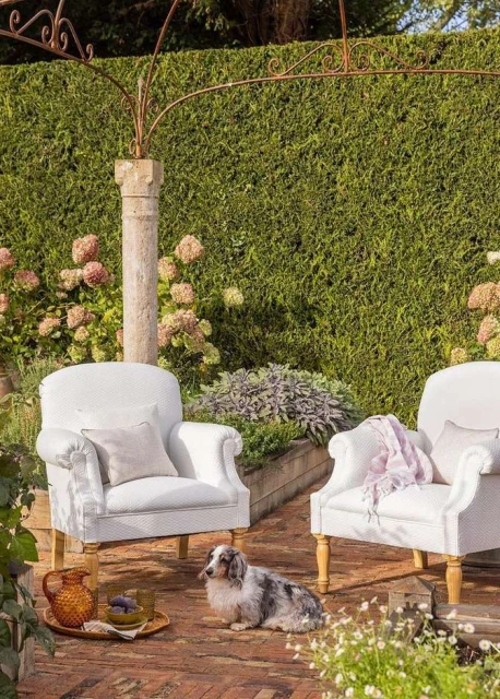Outdoor patio with two white armchairs, a long-haired dachshund dog, garden plants, and a brick surface under a metal pergola.