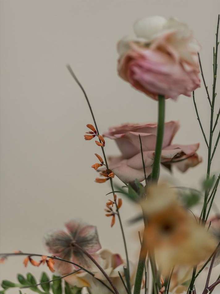 Floral still life featuring a bouquet of pink and peach colored roses and small orange flowers against a neutral background.