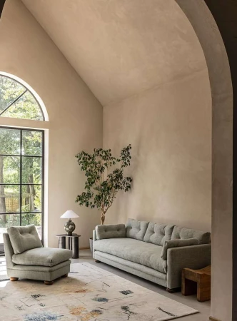 Spacious vaulted living room interior featuring sage green sofa, armchair, arched window and patterned cream rug photographed by Oli Douglas