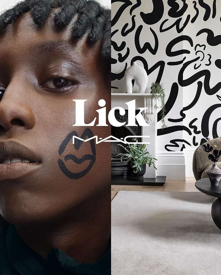 Split-screen beauty advert: Black woman with face makeup; black-and-white interior featuring a patterned wall, sculpture, and plants.
