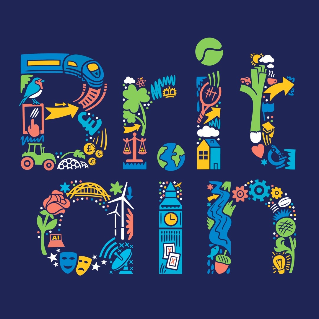 Colorful graphic spells out 'Britain' with illustrations representing aspects of British culture on a dark blue background.