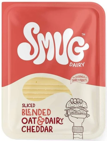Packaged Smug Dairy oat and dairy cheddar slices in a red and white package with a cartoon burger illustration. Food photography.