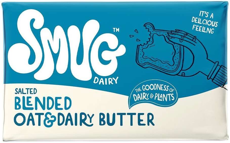 Product shot of Smug Dairy salted blended oat and dairy butter. Package features blue background with cartoon-style hand graphic.