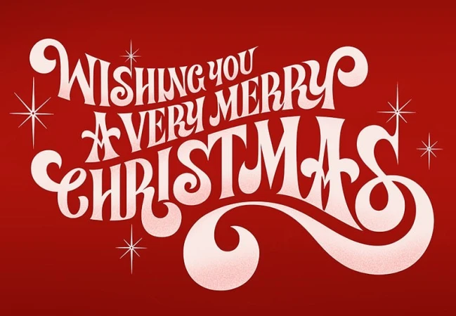 Festive holiday typography art features 'Wishing you a very Merry Christmas' in stylized lettering on a solid red background.