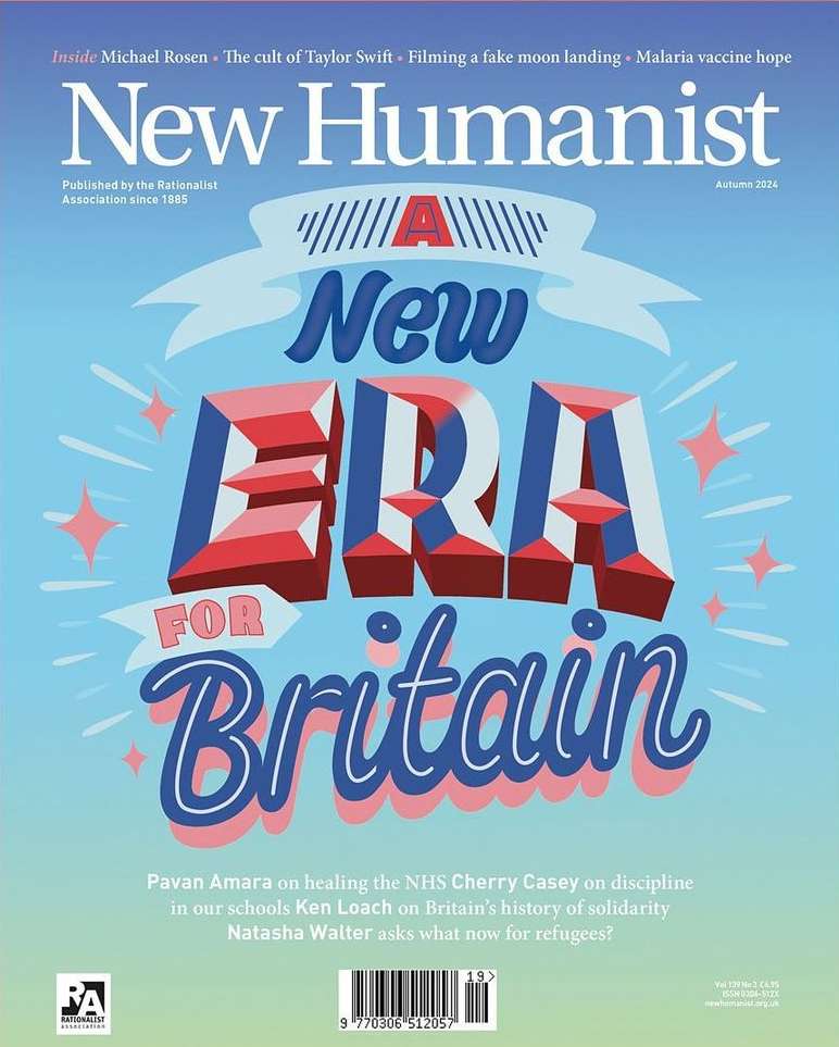 New Humanist magazine cover featuring bold text "A New Era For Britain" in red, white, and blue against a light blue background.